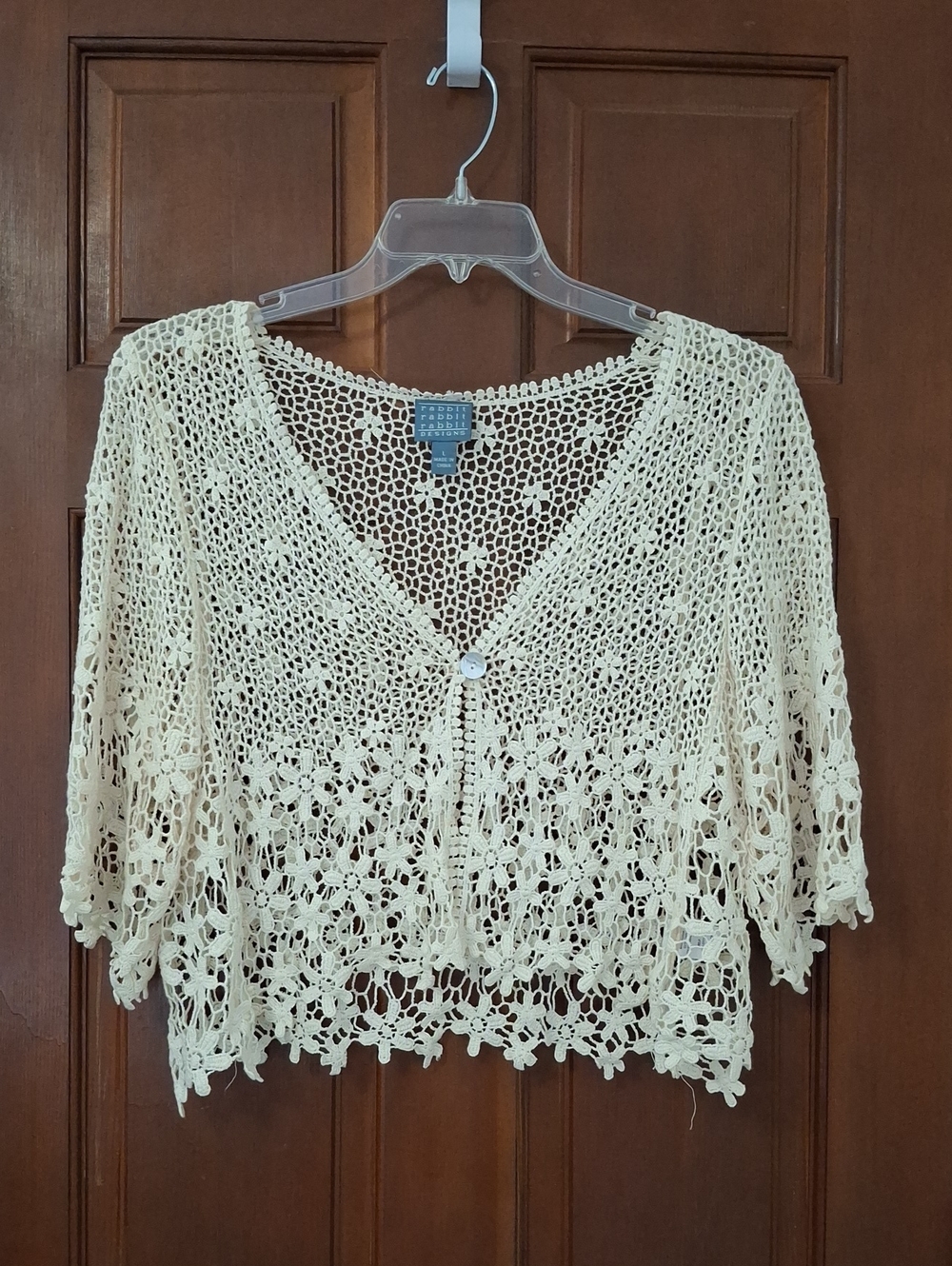 Rabbit Rabbit Cream Crochet V-Neck Short Cardigan Size Large